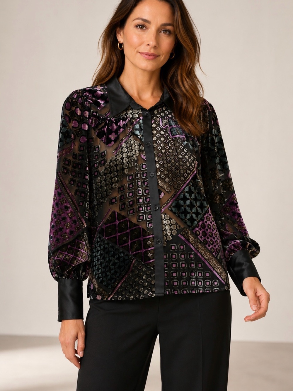 FATE Velvet Burnout Geometric Satin Trim Blouse